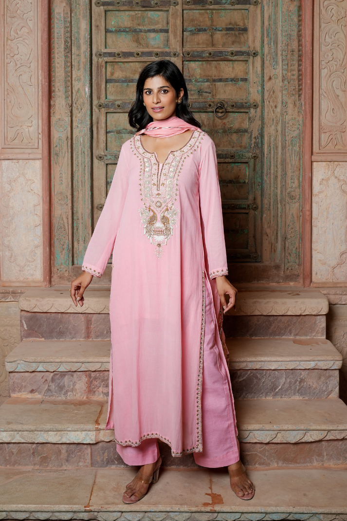 A soft blush-pink kurta Set