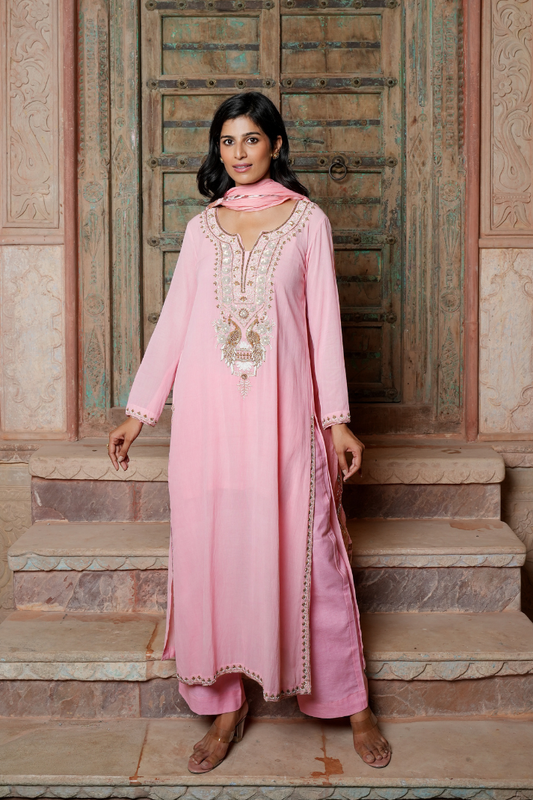A soft blush-pink kurta Set