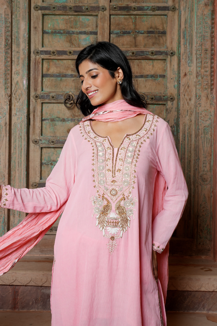 A soft blush-pink kurta Set