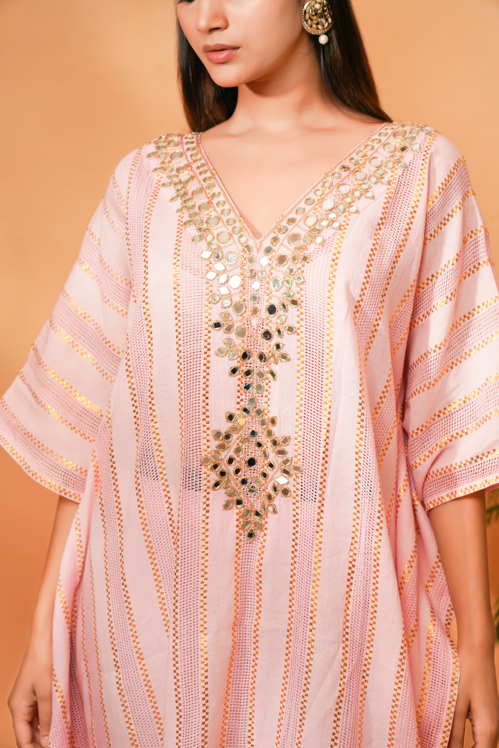 Pink textured kaftan with mirror embroidery