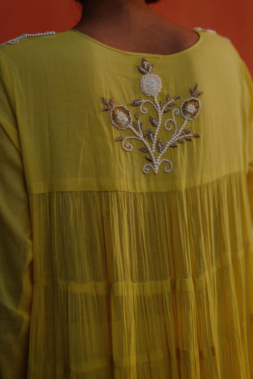 Lime green crushed kurta with bead work