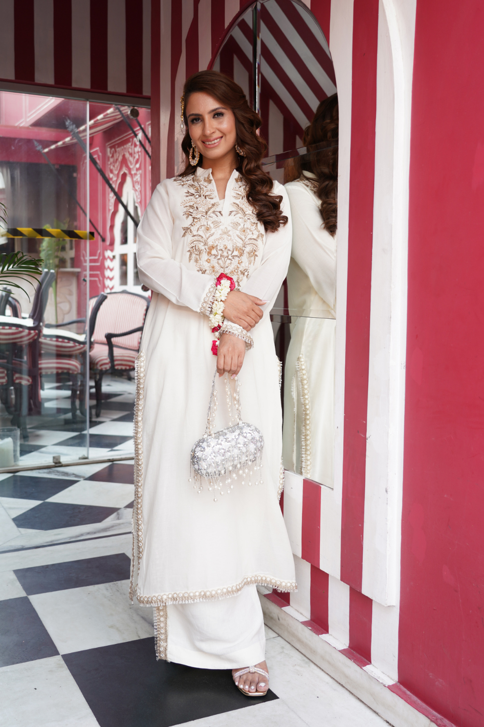 Ivory kurta with gold and pearl work