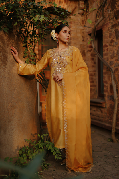 Chanderi yellow ochre kurta with embroidered neckline