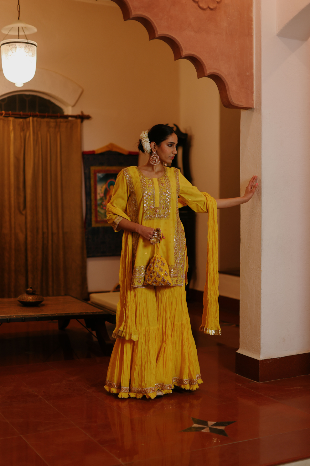 Yellow kurta with gotta embroidery with crushed garara and dupatta