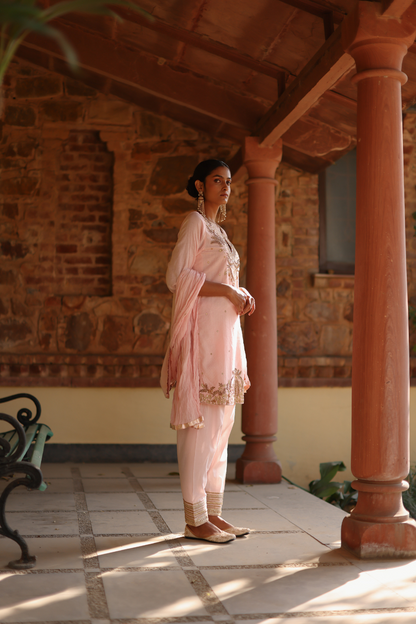 Pink kurta with intricate embroidery and salwaar with dupatta