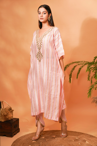 Pink textured kaftan with mirror embroidery