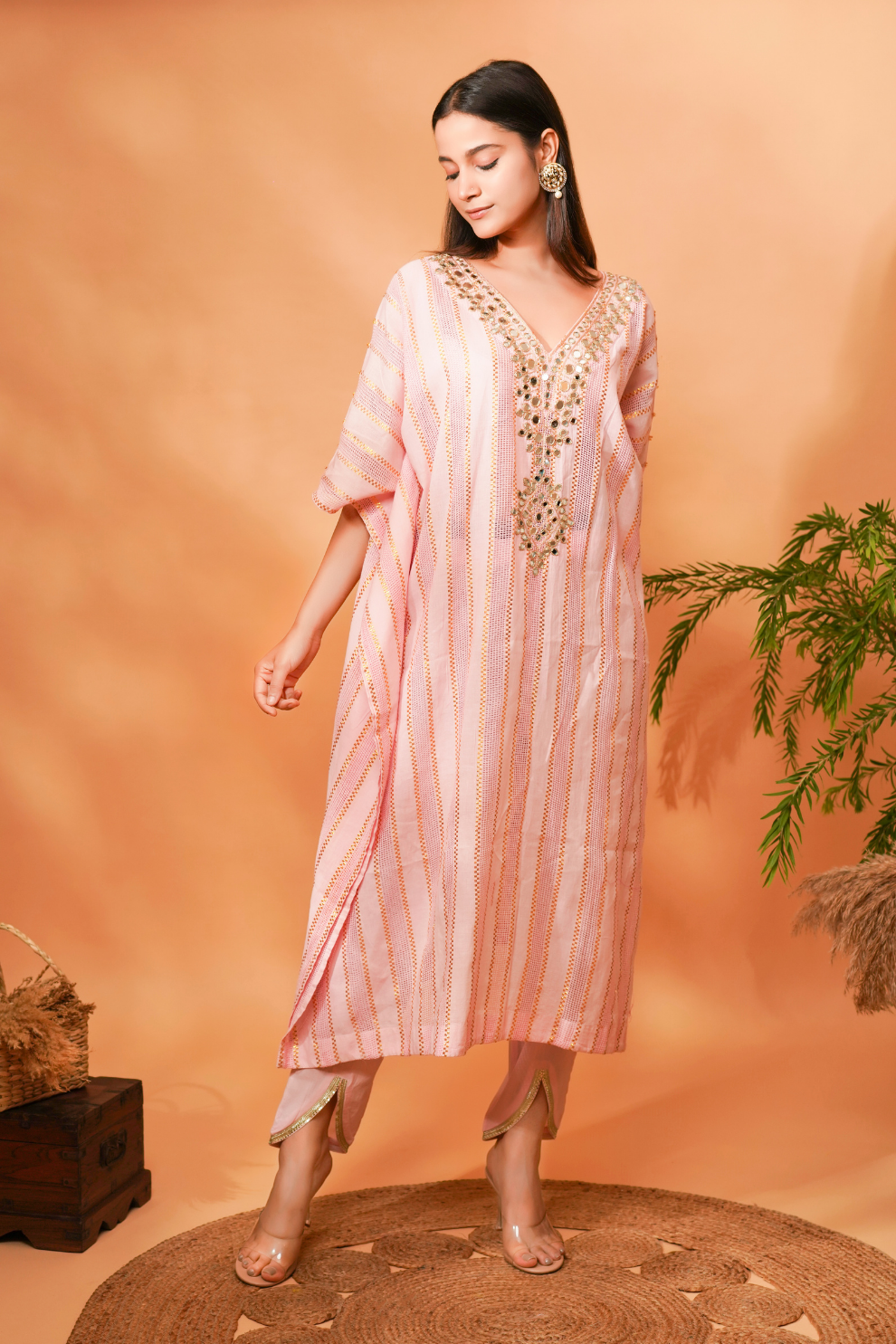 Pink textured kaftan with mirror embroidery