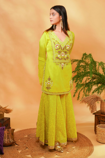 Lime kurta with floral embroidered yoke paired with sequins garara