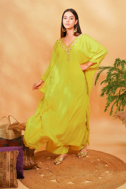 Lime kaftan with embroidery neckline