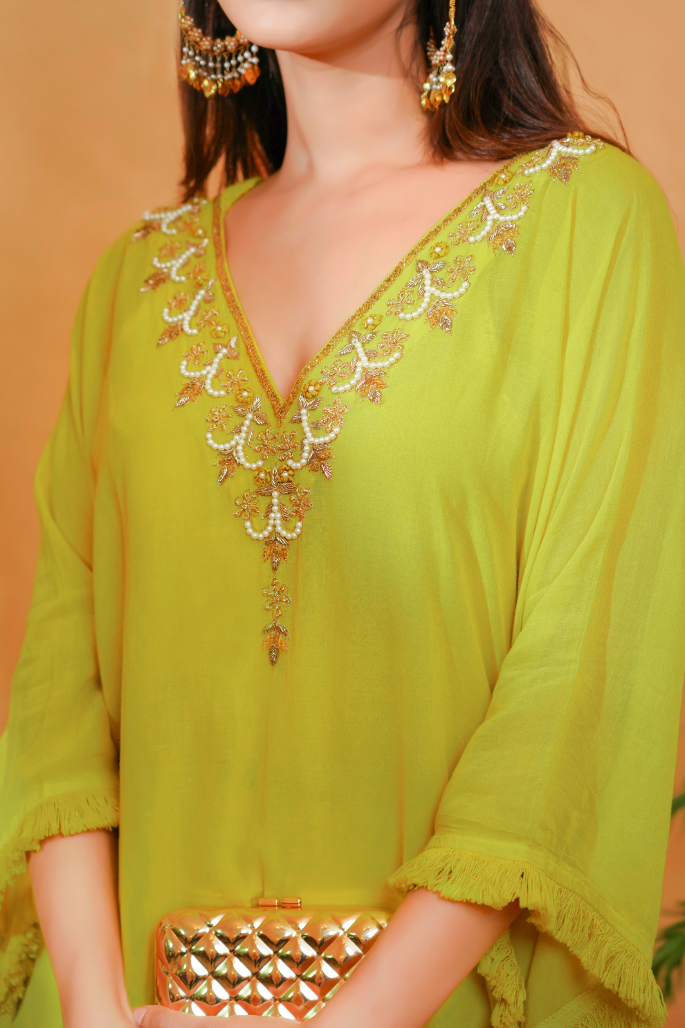 Lime kaftan with embroidery neckline