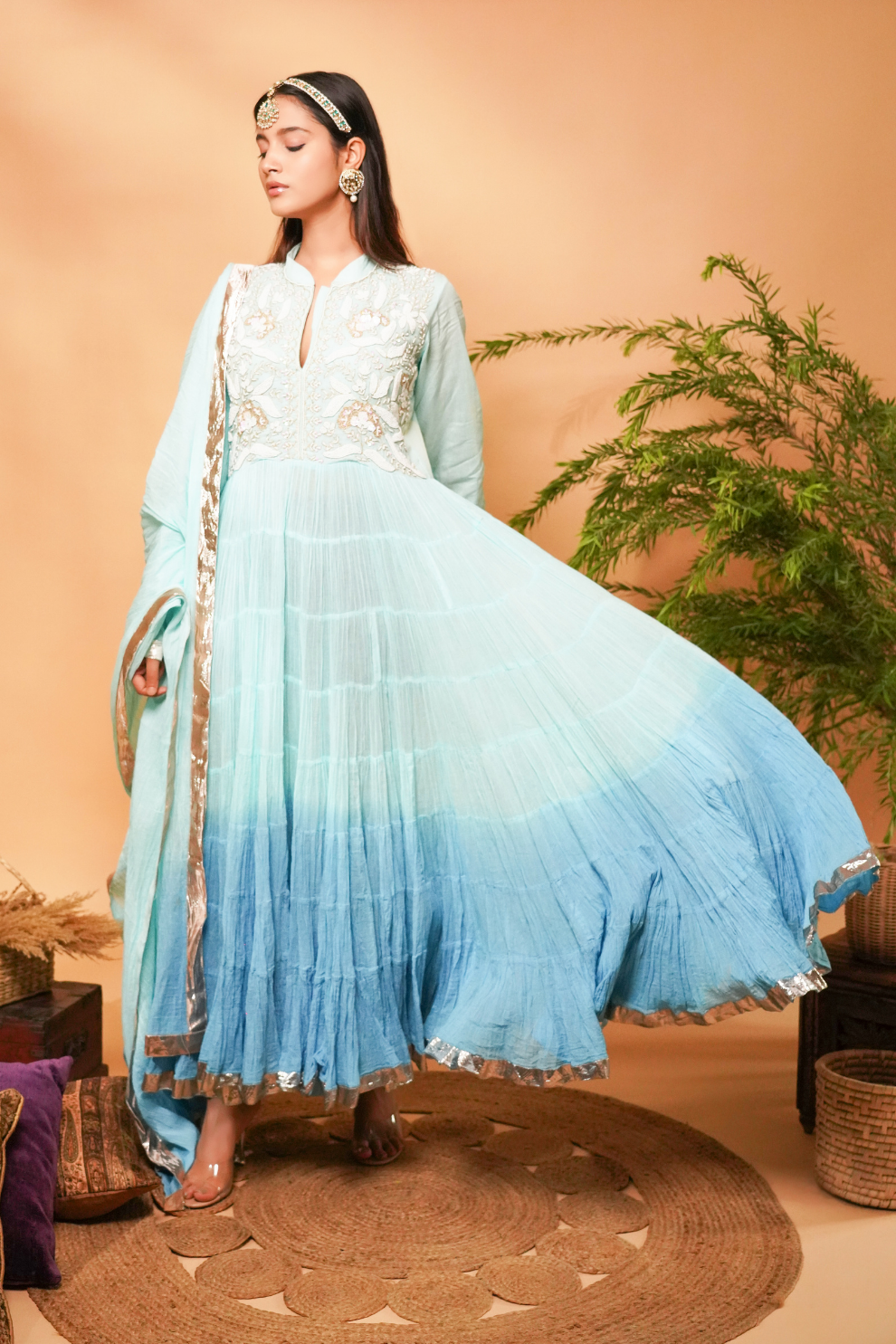 Ombre dyed anarkali with intricate embroideries on the yoke