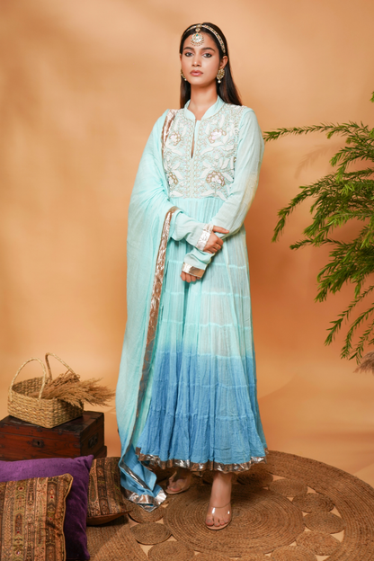 Ombre dyed anarkali with intricate embroideries on the yoke