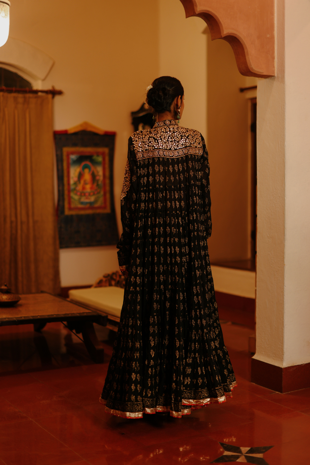 Black frill kurta with gold khadi print and embroidery