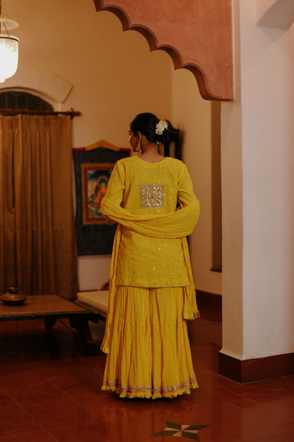 Yellow kurta with gotta embroidery with crushed garara and dupatta