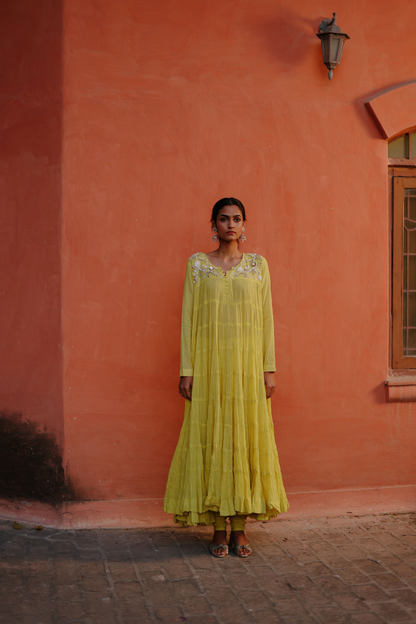 Lime green crushed kurta with bead work