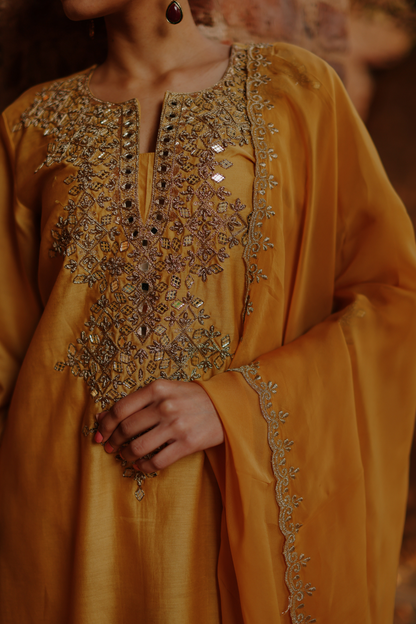 Chanderi yellow ochre kurta with embroidered neckline