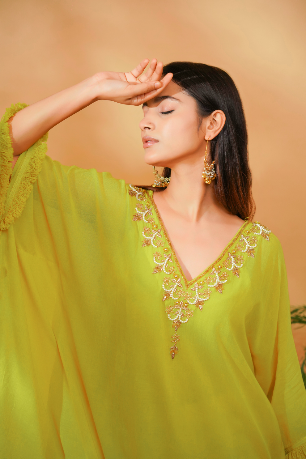 Lime kaftan with embroidery neckline