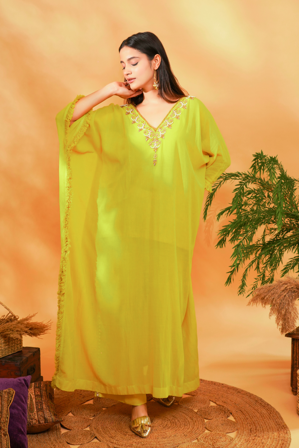 Lime kaftan with embroidery neckline