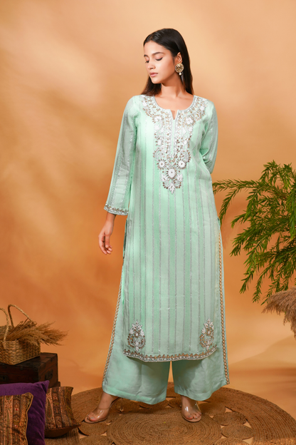 Blue long kurta with neckline embroidery