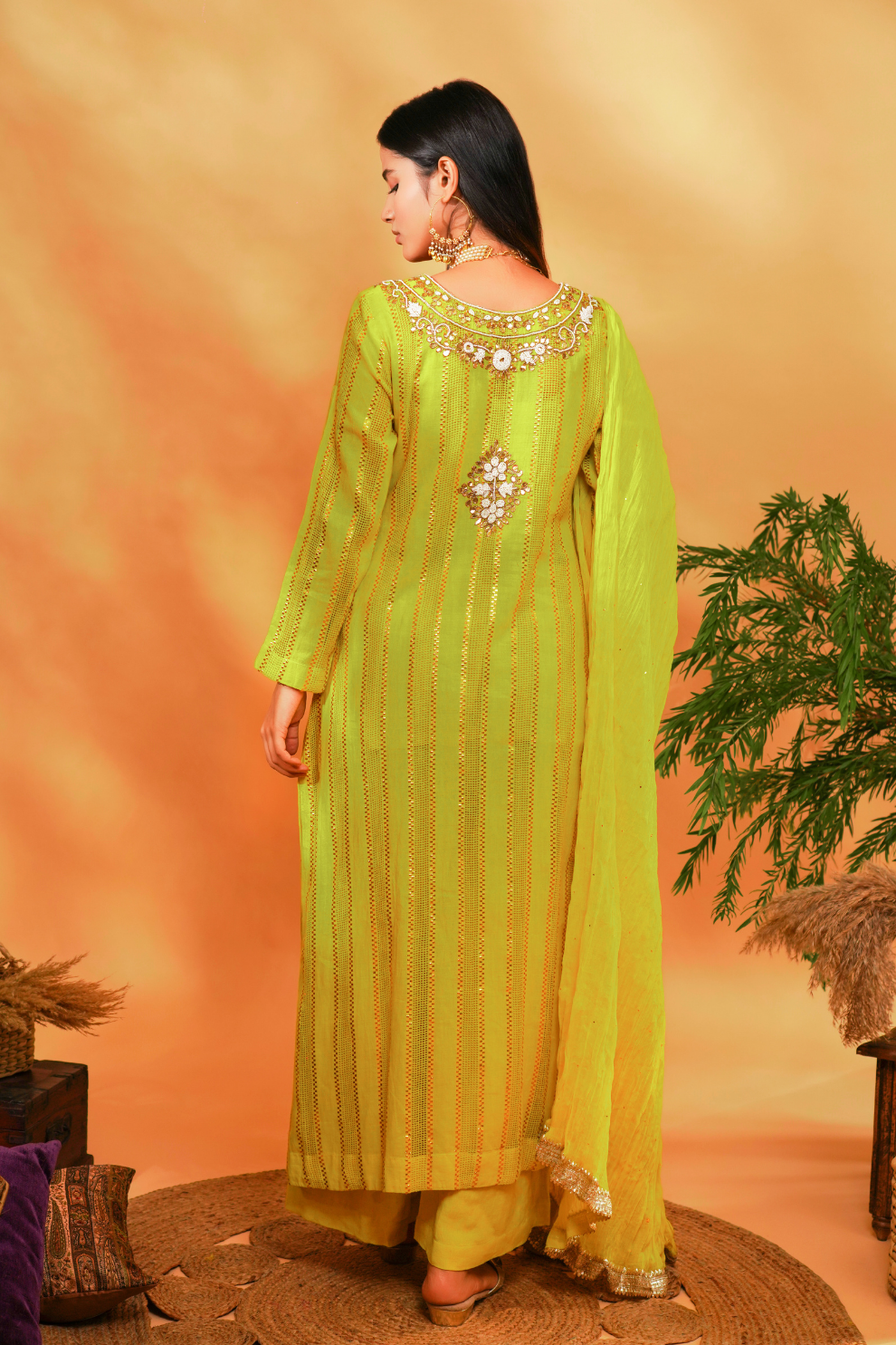 Lime textured kurta with emrboidered neckline