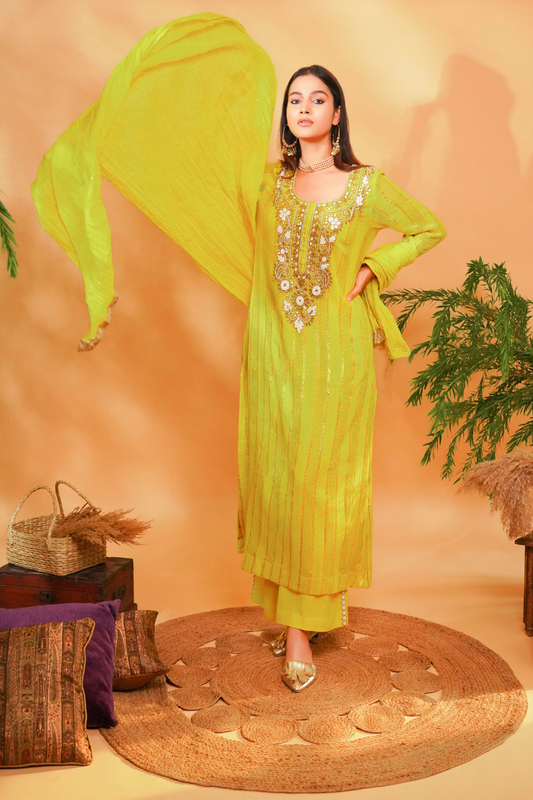 Lime textured kurta with emrboidered neckline