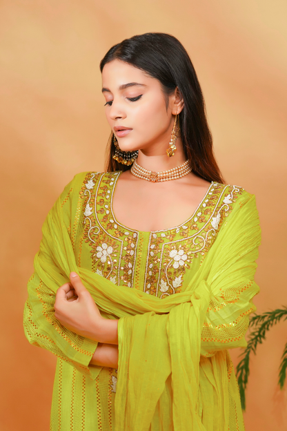 Lime textured kurta with emrboidered neckline