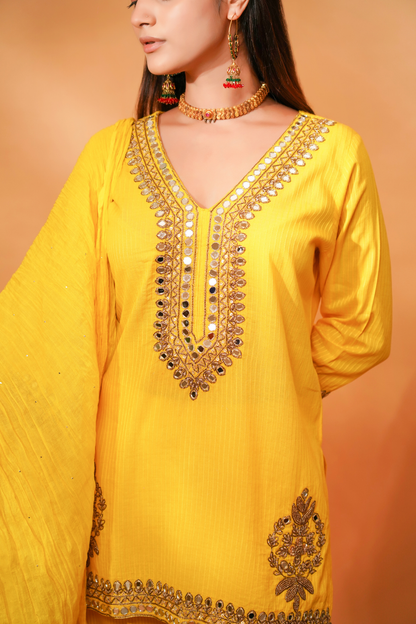 Yellow embroidered kurta with pants and dupatta