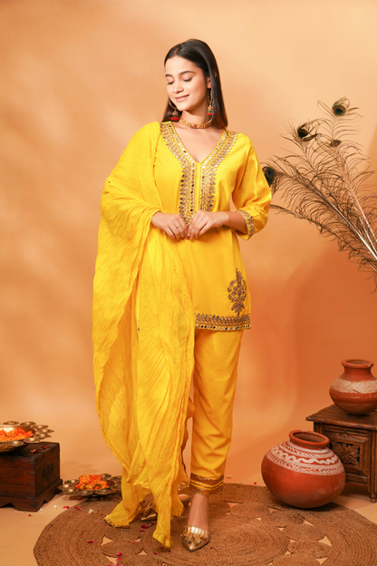 Yellow embroidered kurta with pants and dupatta