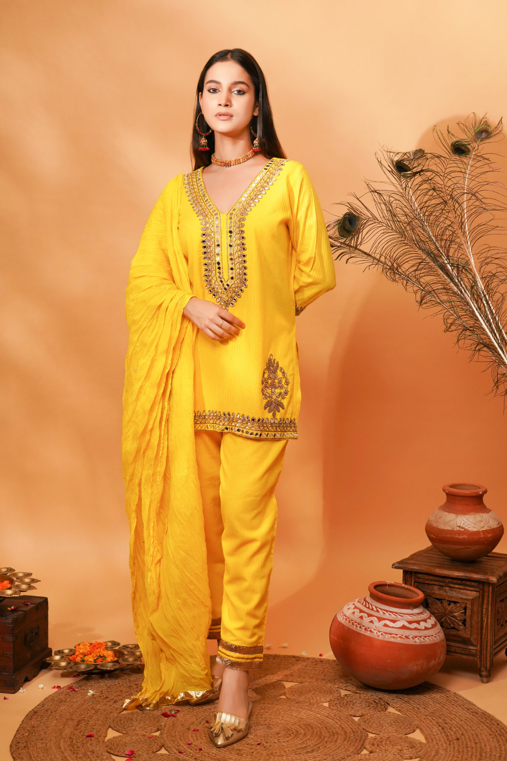 Yellow embroidered kurta with pants and dupatta