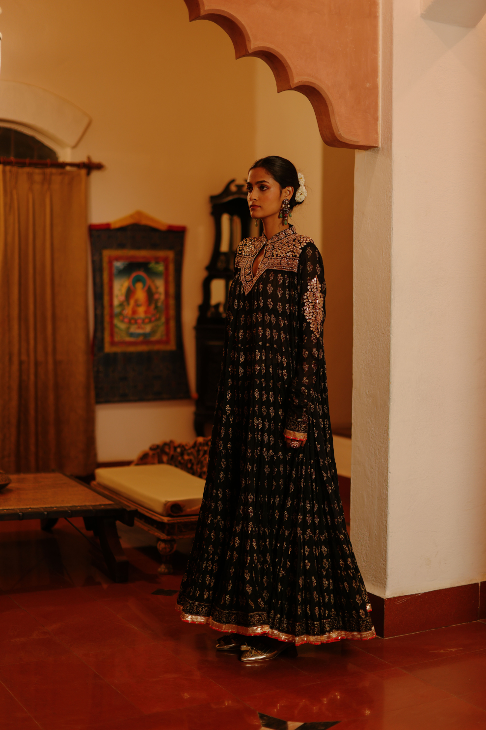 Black frill kurta with gold khadi print and embroidery