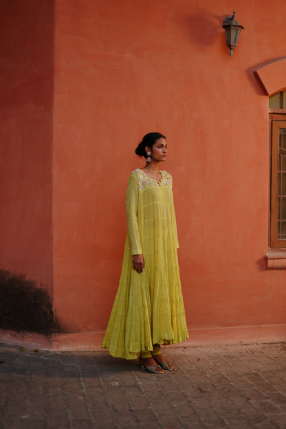 Lime green crushed kurta with bead work