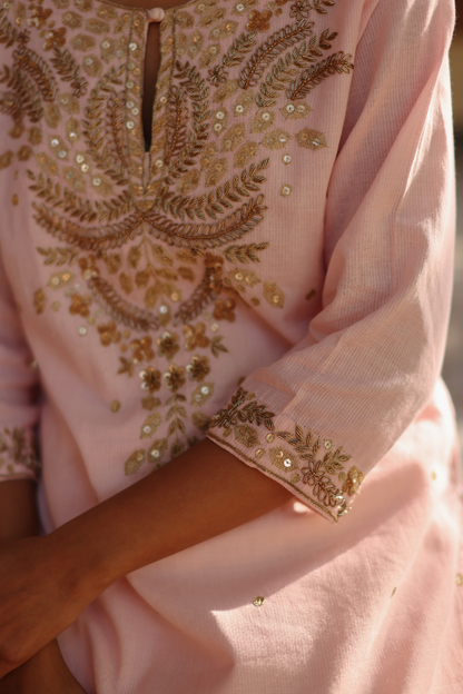 Pink kurta with intricate embroidery and salwaar with dupatta