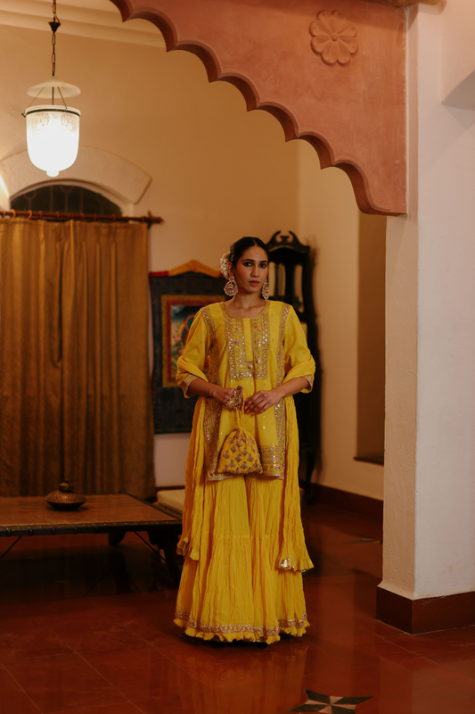 Yellow kurta with gotta embroidery with crushed garara and dupatta