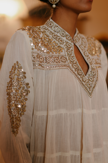 Off white 100 frill kurta with yolk embroidery