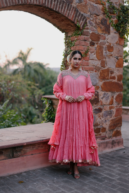 Pink 10 frill kurta with bead yoke embroidery