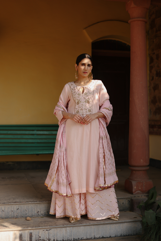 Pink kurta with yol embroidery and skirt with zig zag