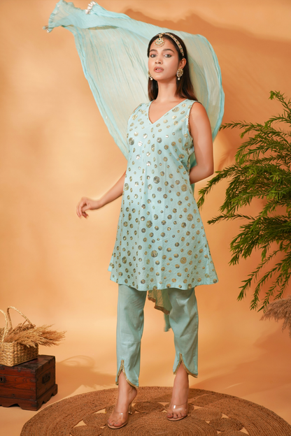 Blue sequins accentuated fabric with pants and dupatta