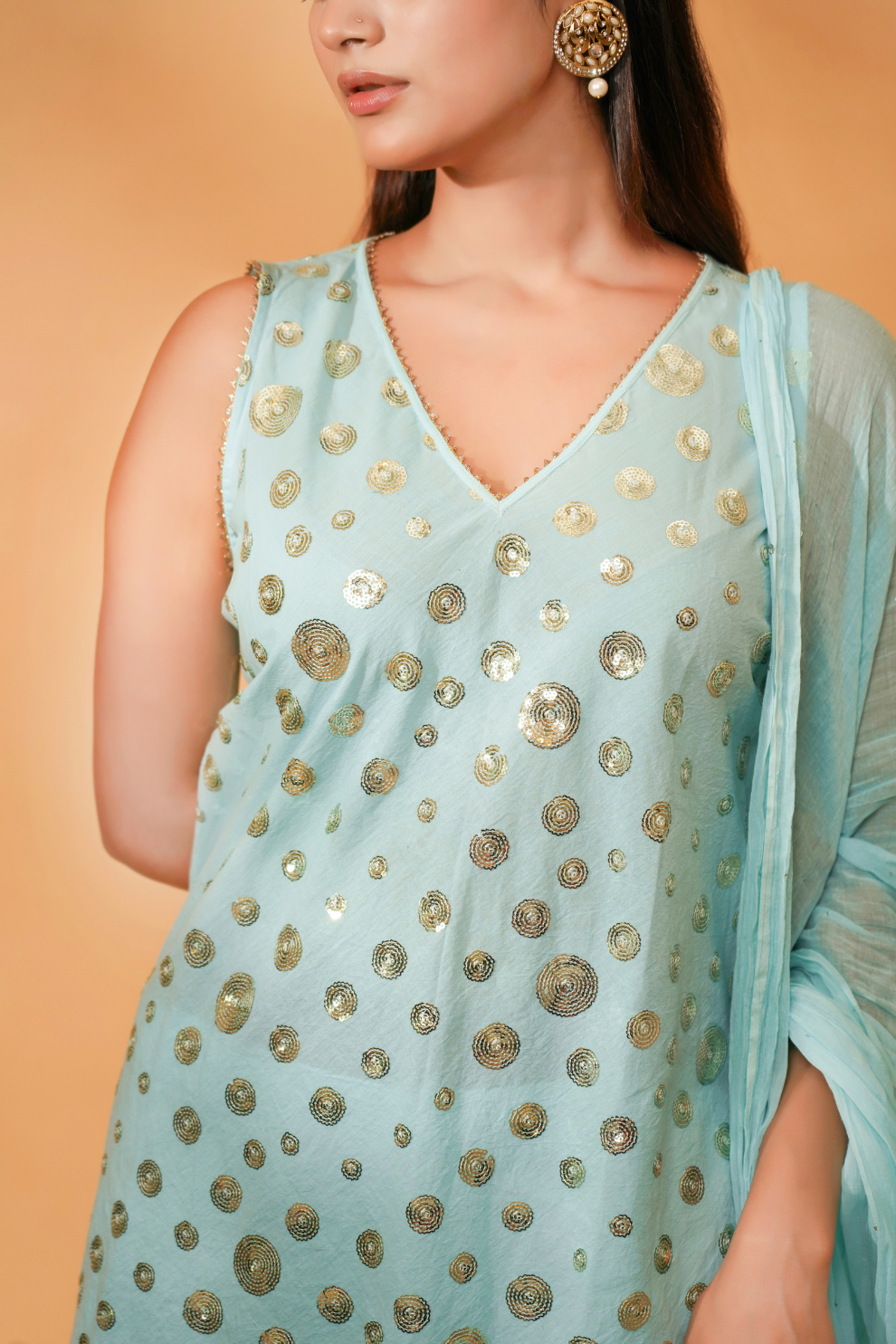 Blue sequins accentuated fabric with pants and dupatta