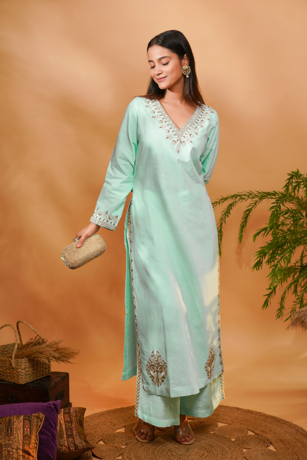 Linen blue kurta with embroidery in gold