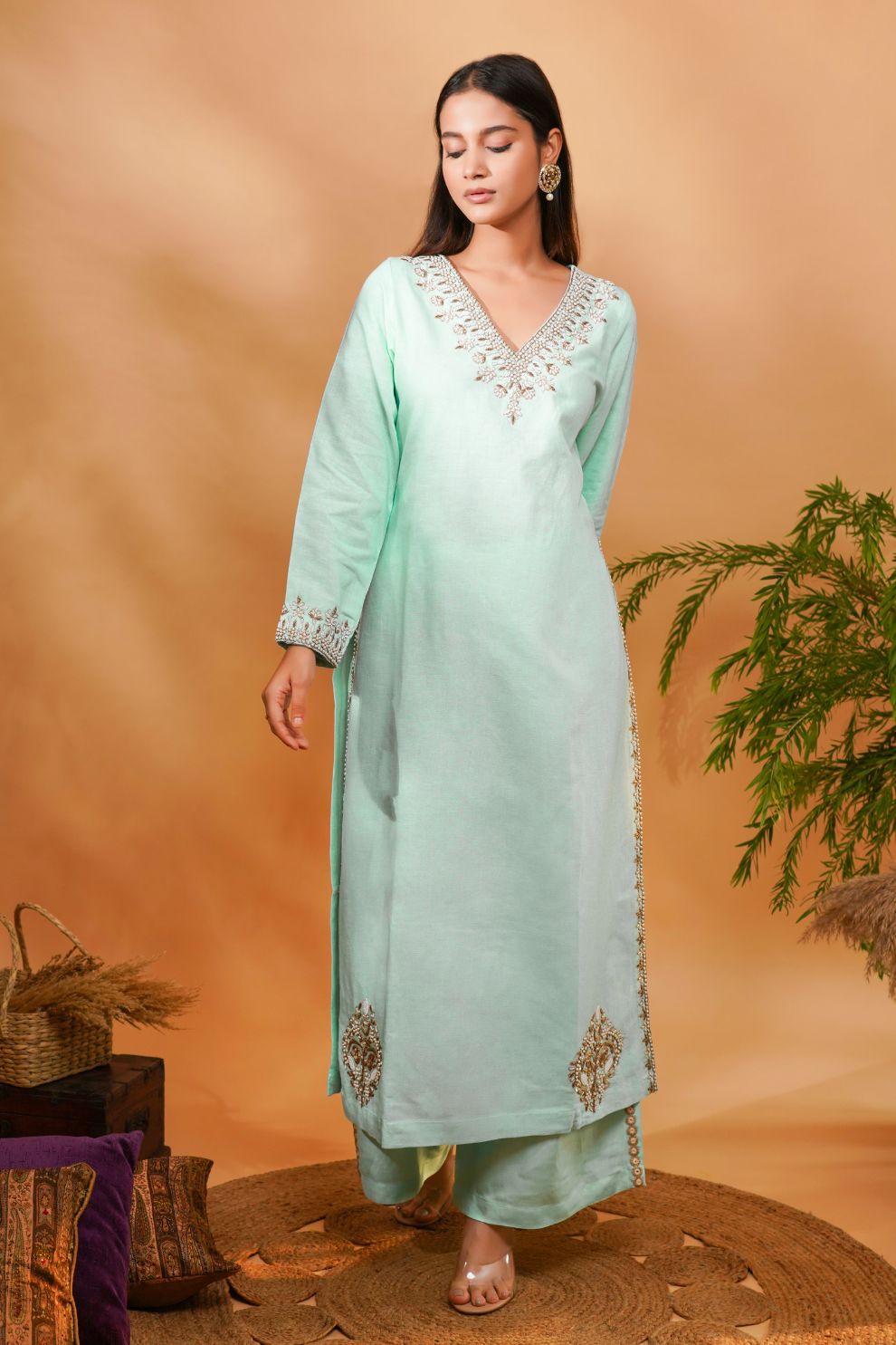 Linen blue kurta with embroidery in gold