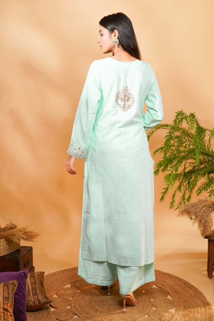 Linen blue kurta with embroidery in gold