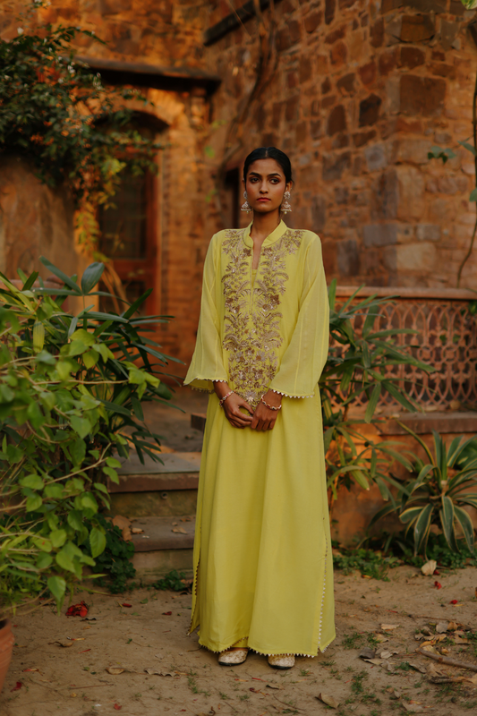 Lime Abaya with golden embroidery