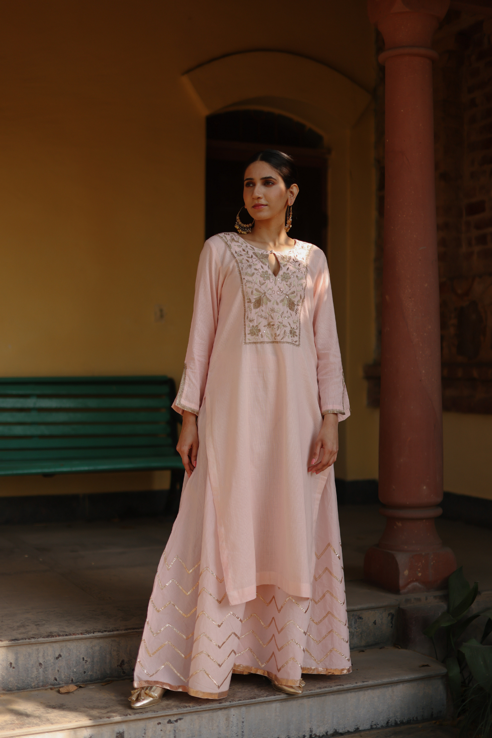 Pink kurta with yol embroidery and skirt with zig zag