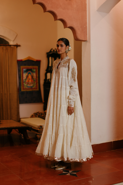 Off white 100 frill kurta with yolk embroidery