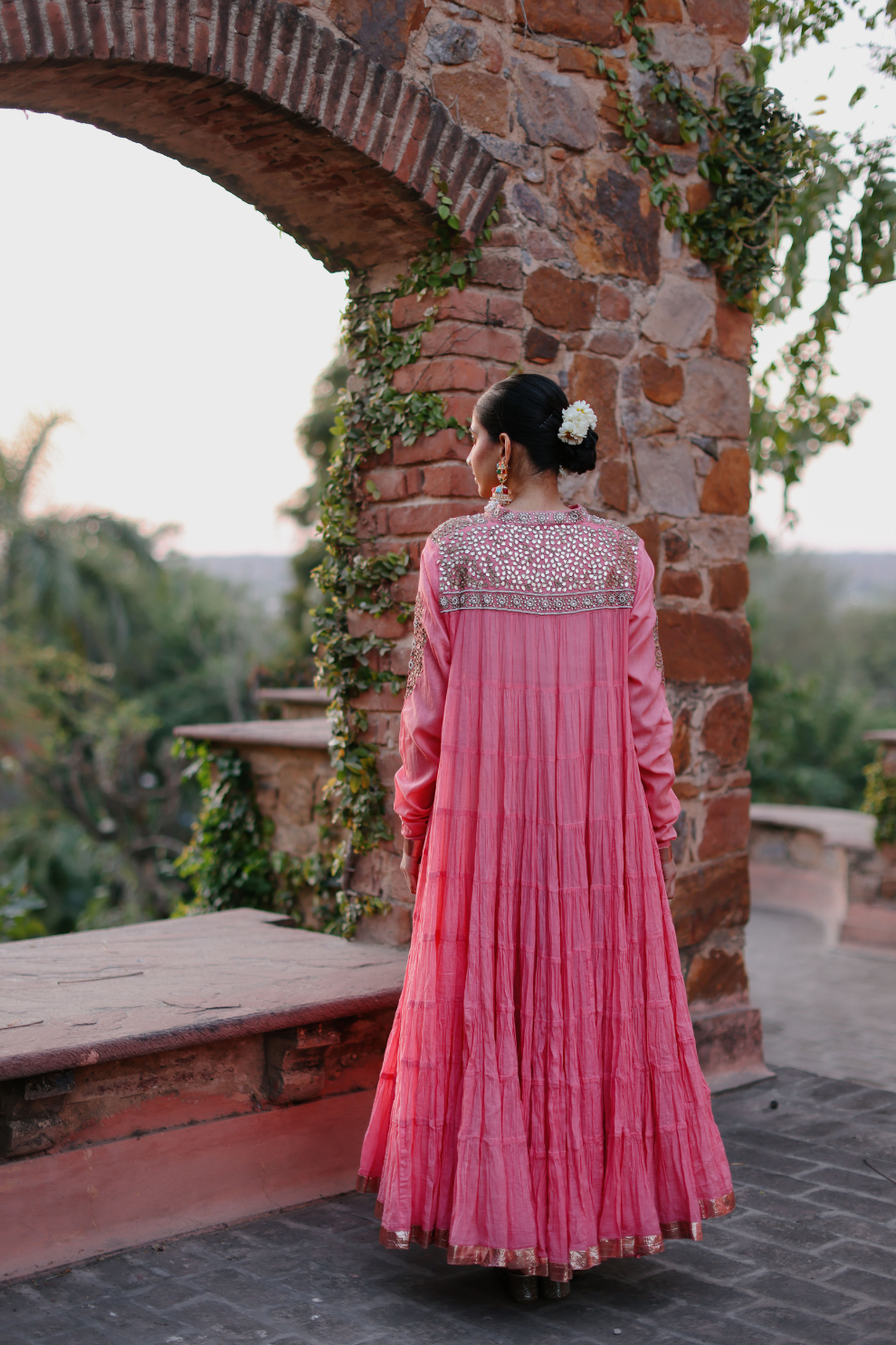 Pink 10 frill kurta with bead yoke embroidery