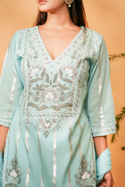 Blue embroidered short kurta paired with a Gharara