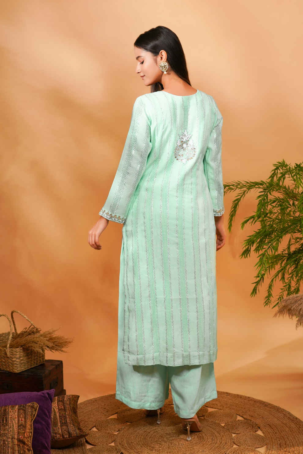 Blue long kurta with neckline embroidery