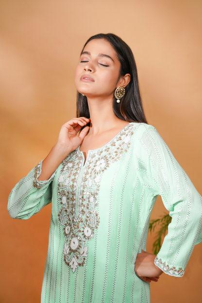 Blue long kurta with neckline embroidery