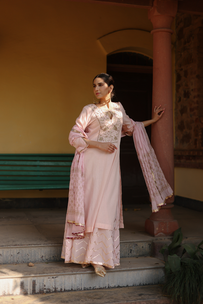 Pink kurta with yol embroidery and skirt with zig zag