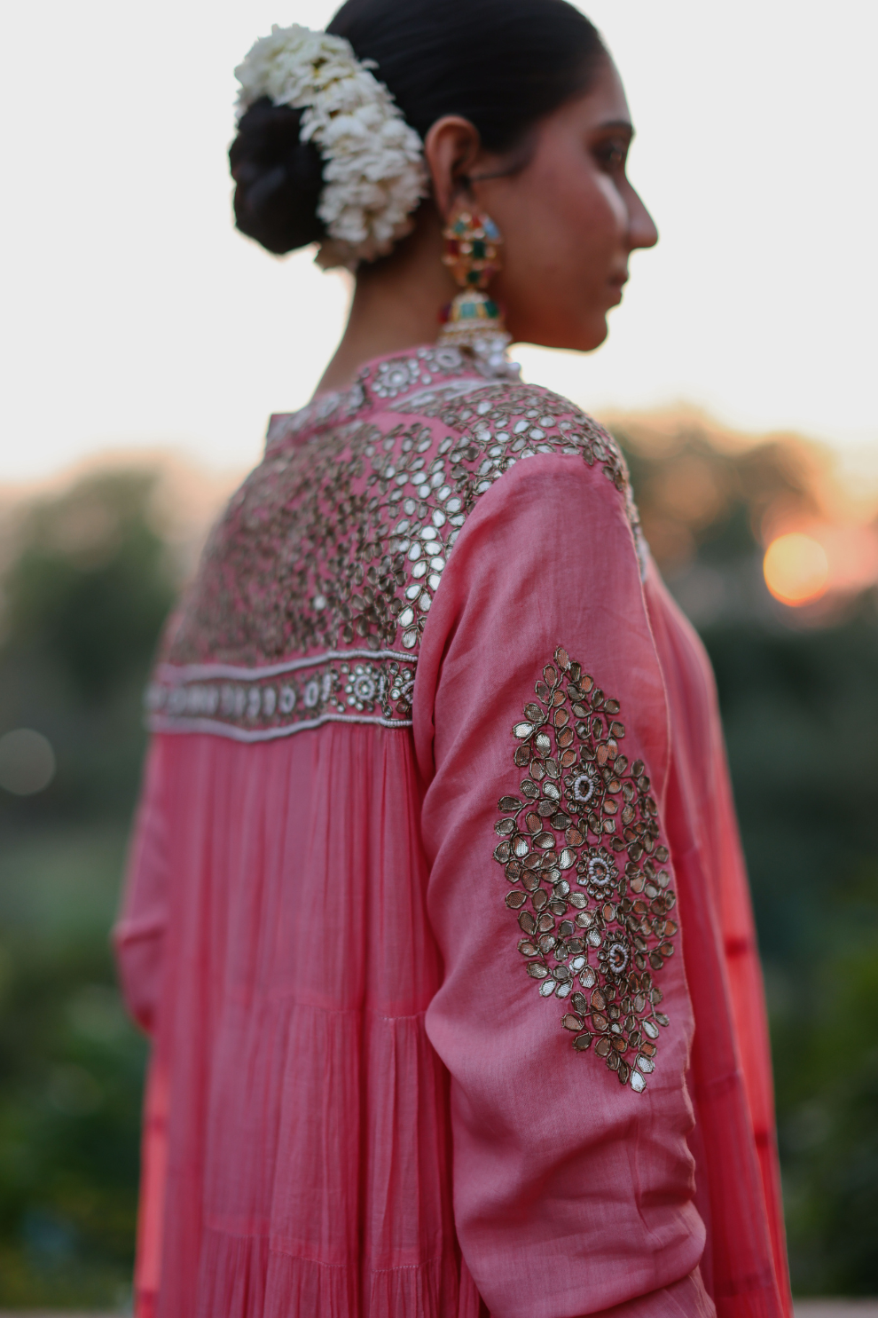 Pink 10 frill kurta with bead yoke embroidery